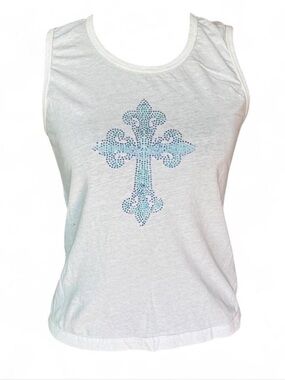 White Sleeveless Tank with Blue Rhinestone Cross